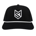Load image into Gallery viewer, A black trucker-style cap with a white embroidered geometric logo on the front, displayed on a white chair in front of white paneled doors.