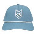 Load image into Gallery viewer, A light blue baseball cap with a white embroidered geometric logo on the front and a white braided stripe detail across the brim, displayed on a white surface with a white paneled door in the background.