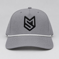 Load image into Gallery viewer, A gray structured baseball cap with a black embroidered geometric logo on the front and a white braided rope detail across the brim, shown against a light gray background.