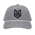 Load image into Gallery viewer, A gray structured baseball cap with a black embroidered geometric logo on the front and a white braided rope detail across the brim, shown against a light gray background.