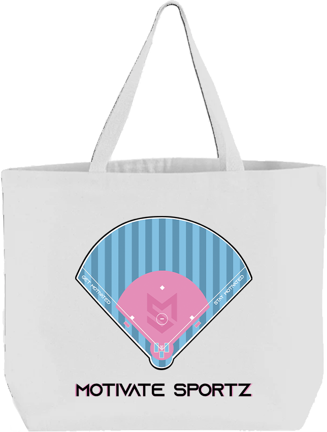 White tote bag with blue and pink design and 'Motivate Sportz' text on a white background