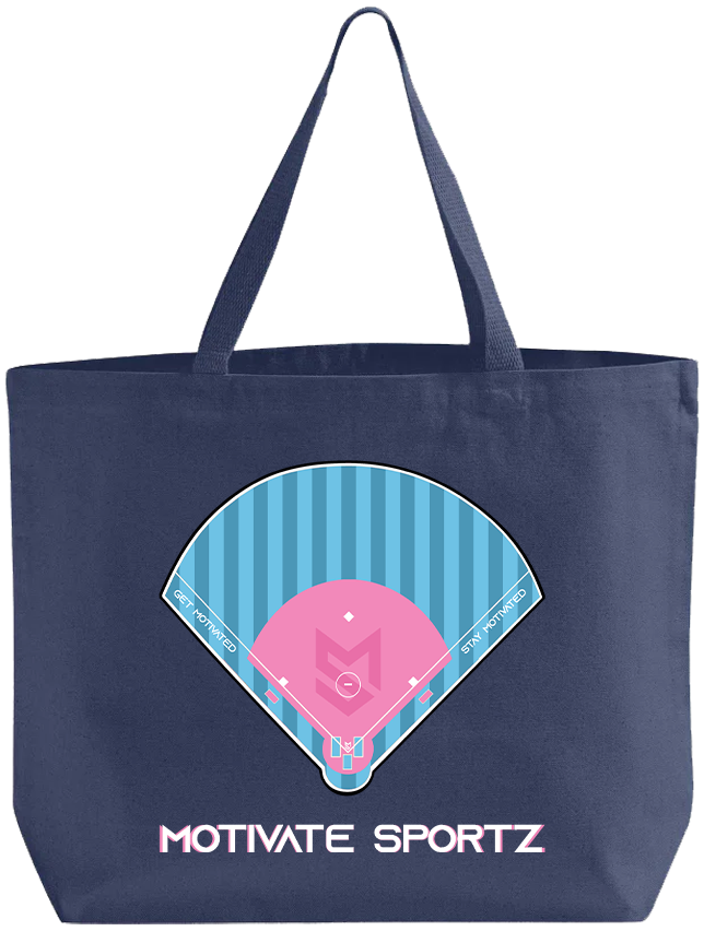 Navy blue tote bag with a pink and blue design and 'Motivate Sportz' text on a white background