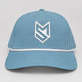 Load image into Gallery viewer, A light blue baseball cap with a white embroidered geometric logo on the front and a white braided stripe detail across the brim, displayed on a white surface with a white paneled door in the background.
