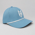 Load image into Gallery viewer, A light blue baseball cap with a white braided rope detail across the brim and a white embroidered geometric logo on the front, photographed on a neutral gray background.
