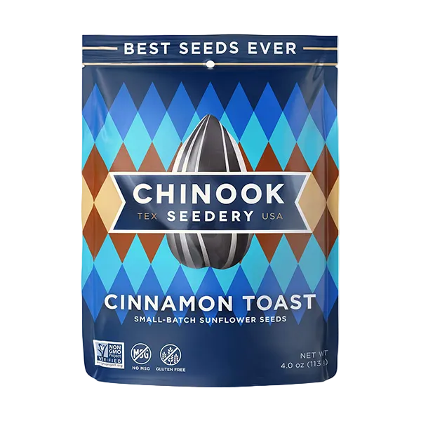 Packaging of Chinook Seedery Cinnamon Toast sunflower seeds with blue and brown design.