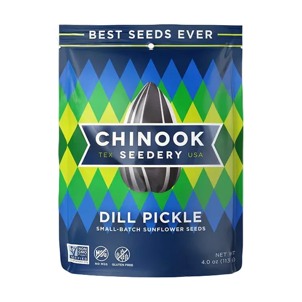 Chinook Seedery dill pickle seed packet with geometric pattern