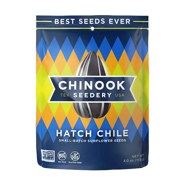 Packaging of Chinook Seedery Hatch Chile sunflower seeds with colorful design