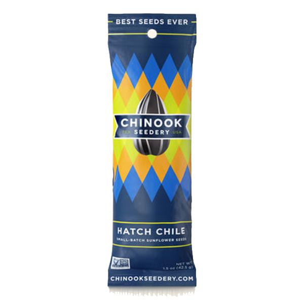 A package of Chinook brand Hatch Chile sunflower seeds with a colorful geometric pattern design.