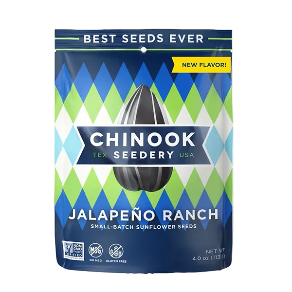 Chinook Seedery Jalapeño Ranch sunflower seeds packaging on a white background