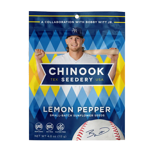 A package of Chinook Sunflower Seeds branded as Smokehouse BBQ flavor. The packaging is predominantly red and blue with an image of a sunflower seed in the center and the text 'Best Seeds Ever' at the top.