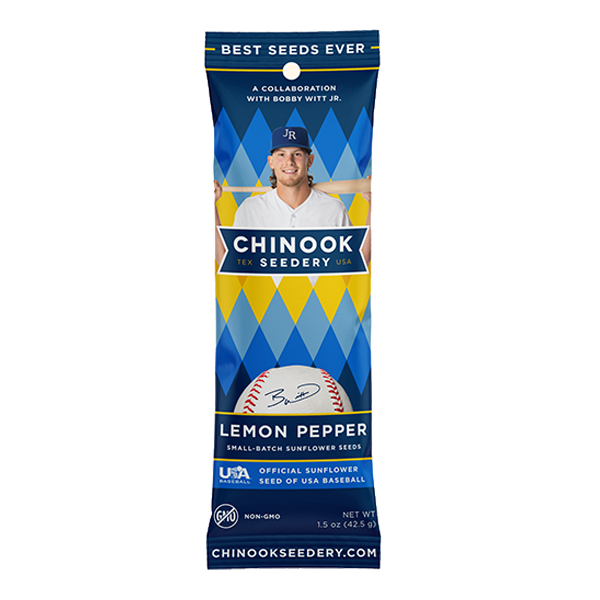 A package of Chinook Sunflower Seeds branded as Smokehouse BBQ flavor. The packaging is predominantly red and blue with an image of a sunflower seed in the center and the text 'Best Seeds Ever' at the top.
