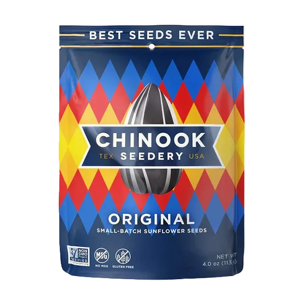 Packaging of Chinook Seedery sunflower seeds with colorful geometric pattern