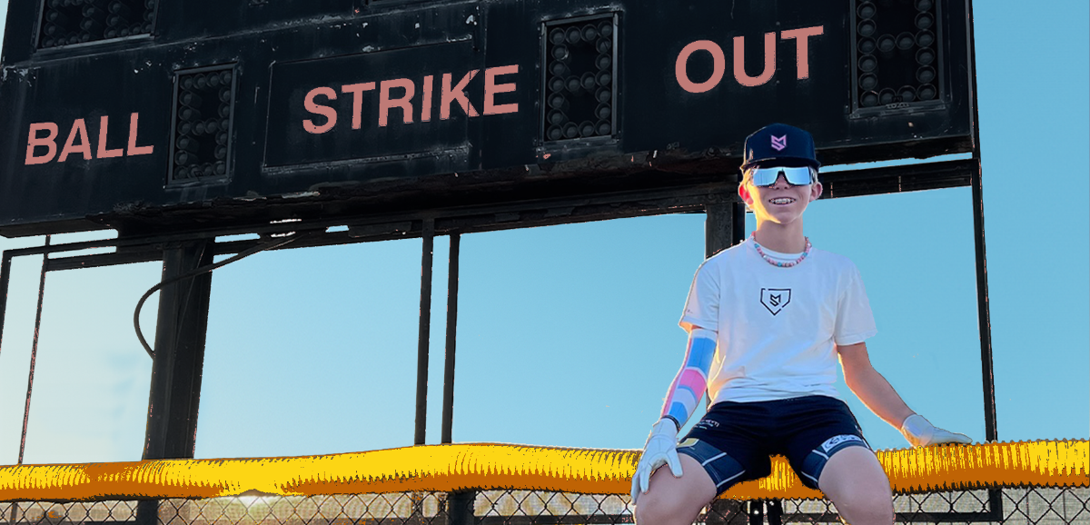 Person sitting on a bench in front of a baseball scoreboard with 'Strike Out' displayed.