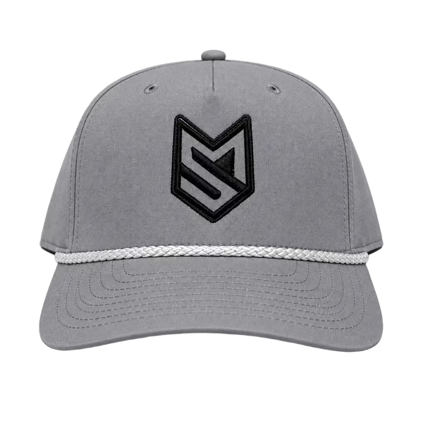 A gray structured baseball cap with a black embroidered geometric logo on the front and a white braided rope detail across the brim, shown against a light gray background.