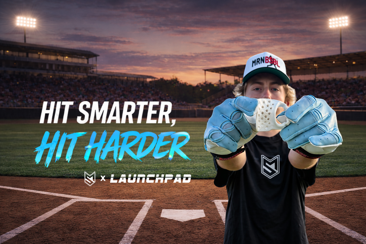 Person holding a baseball glove on a baseball field with promotional text for 'Launchpad'.