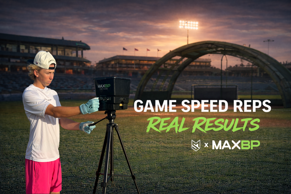 Person using MAXBP equipment on a sports field with 'Game Speed Reps Real Results' text.