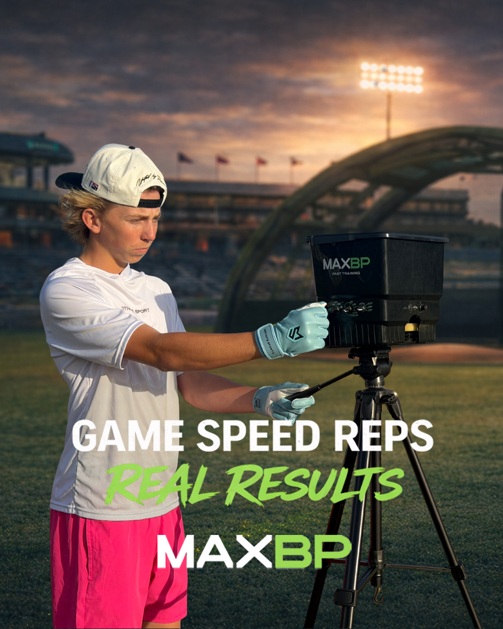 Person using MAXBP equipment on a sports field with 'Game Speed Reps Real Results MAXBP' text.