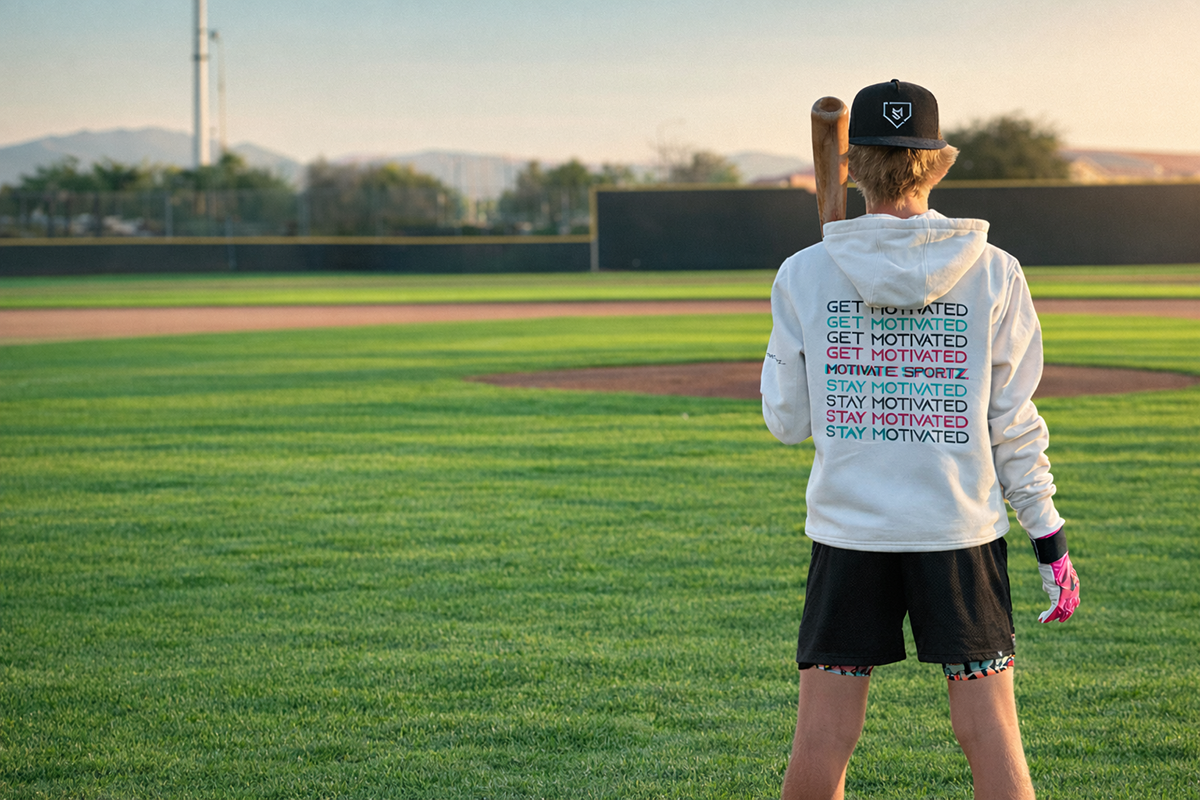 Person on a baseball field wearing a hoodie with motivational text, holding a bat.