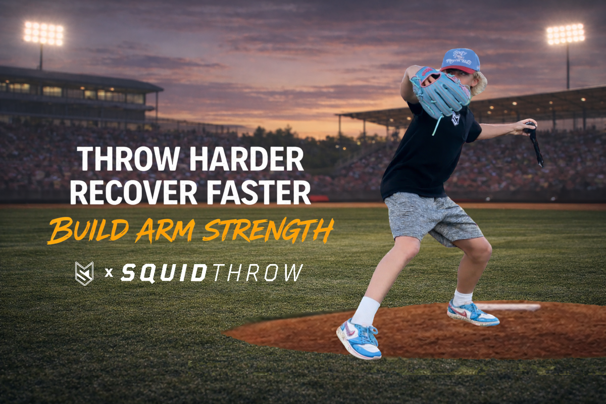 Child pitching a baseball on a field with promotional text for Squid Throw.